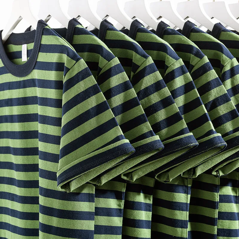 

Heavyweight Pure Cotton ort Sve T-irt Loose Fit ex American een Striped Top round Ne Casual Sle Summer irt