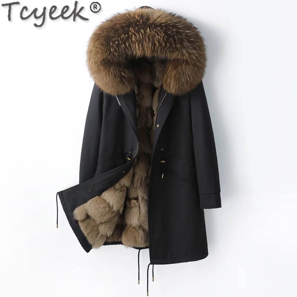 Real Tcyeek Parka masculina com gola de pele de raposa, jaquetas quentes de inverno, forro destacável, roupas fashion