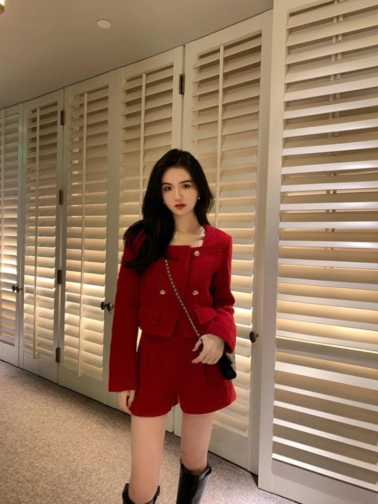 Insozkdg Christmas New Year Retro Red Women Jacket Shorts Sets Autumn Winter Temperament Socialite Suit Trendy Coat Shorts Set