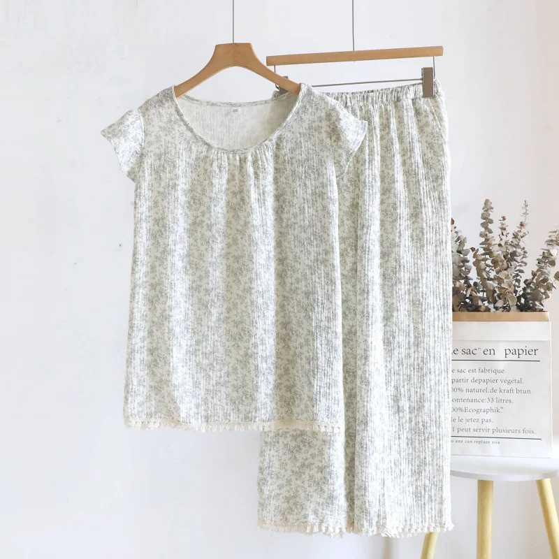 2pcs Women's Pajama Set Minimalist Style 100% Printed Crepe Cotton Pullover Flutter Sleeve With Tassels Lightweight Soft Loungew