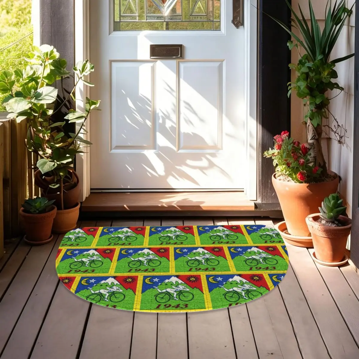 Bicycle Day Lsd Blotter Art Tab Soft Flannel Half Round Doormat Non Slip Bathroom Mat Absorbent Floor Carpet for Garage