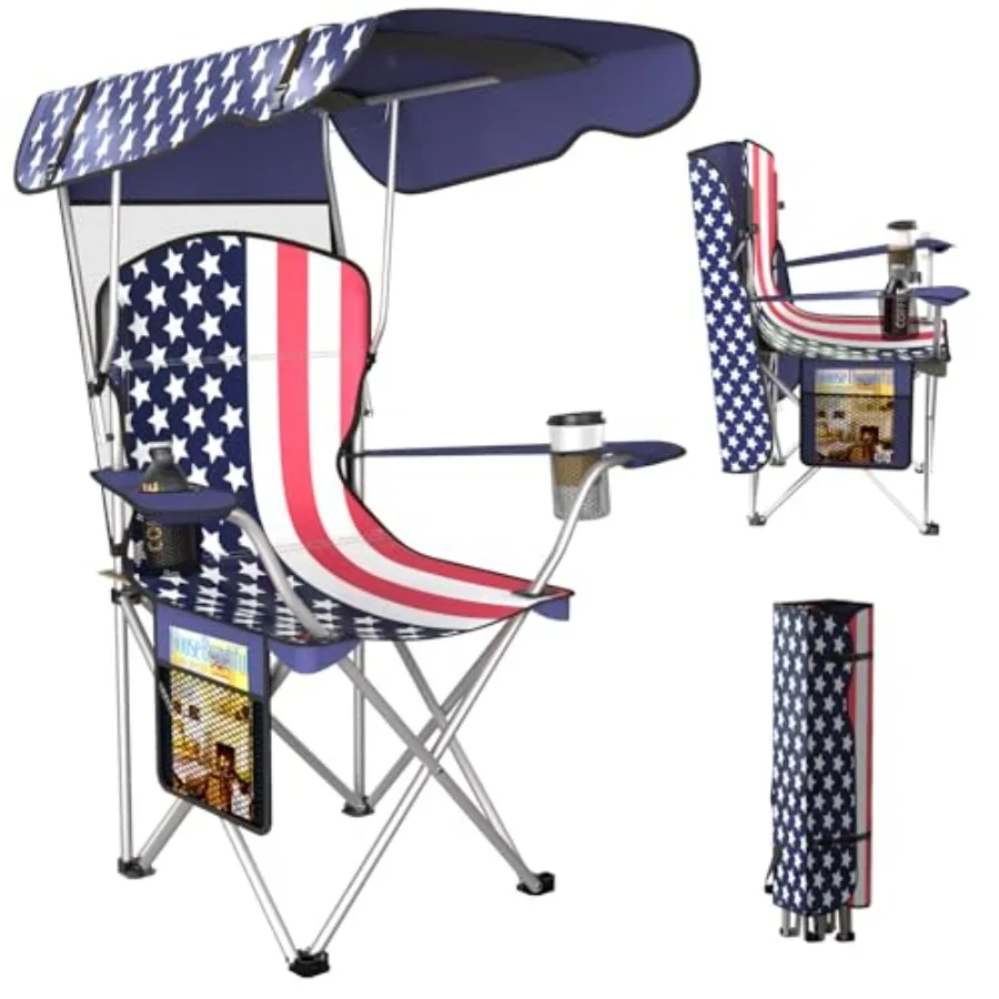 

Портативное кресло для кемпинга с навесом - Складное кресло-шезлонг из ткани Оксфорд 600D, темно-синее, для кемпинга, пляжа, пикников, рыбалки, спорта