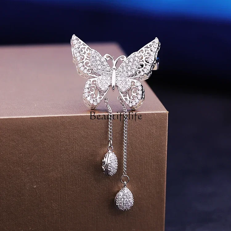 Crystal zircon fringed butterfly brooch women's suit coat accessories temperament simple and fashionable