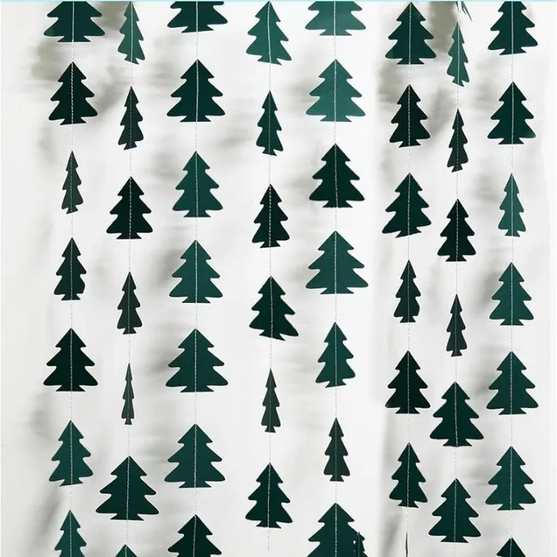 Green Christmas Tree Paper Garland Woodland Theme Birthday Party Decoration Xmas Hanging Streamer Backdrop Tree Bunting Decor