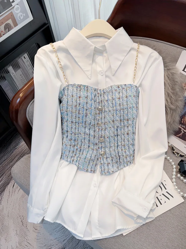 

Chic Style Spring Summer New Inner And Outer Wear Camisole Button Up Collared Long Sleeve Shirt Women Two-Piece Versatile Kawaii