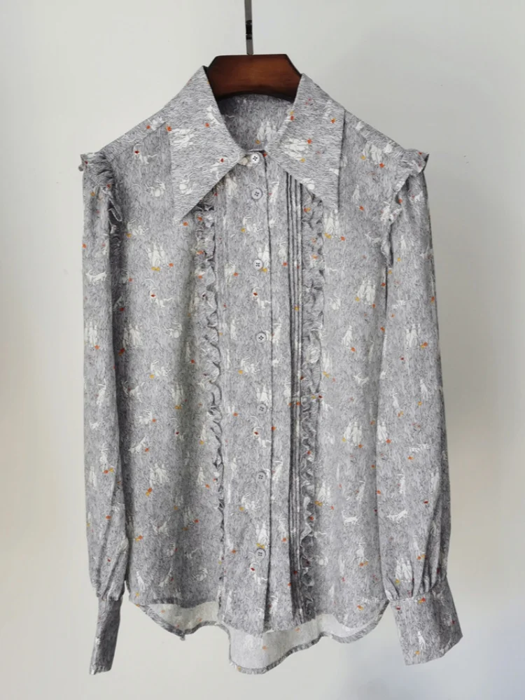 Birdtree,17MM 100% Real Silk Print Blouse,Women's Double Crepe Wrinkled Edge Shirts,Full Sleeve Tops,2025 New Shirt T5D314JF