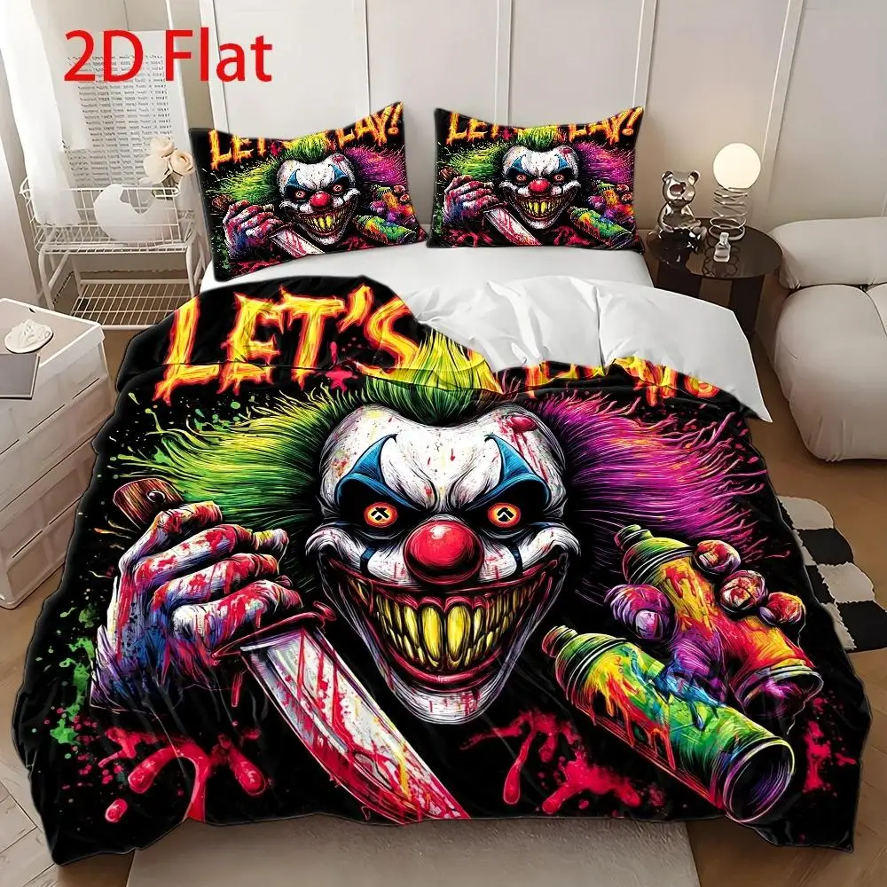 3Pcs Duvet Cover Set, 1Pc Duvet Cover and 2Pcs Pillowcases (Filling Not Included) 2D Flat Printing, T-Shirt, Horror Clown Theme
