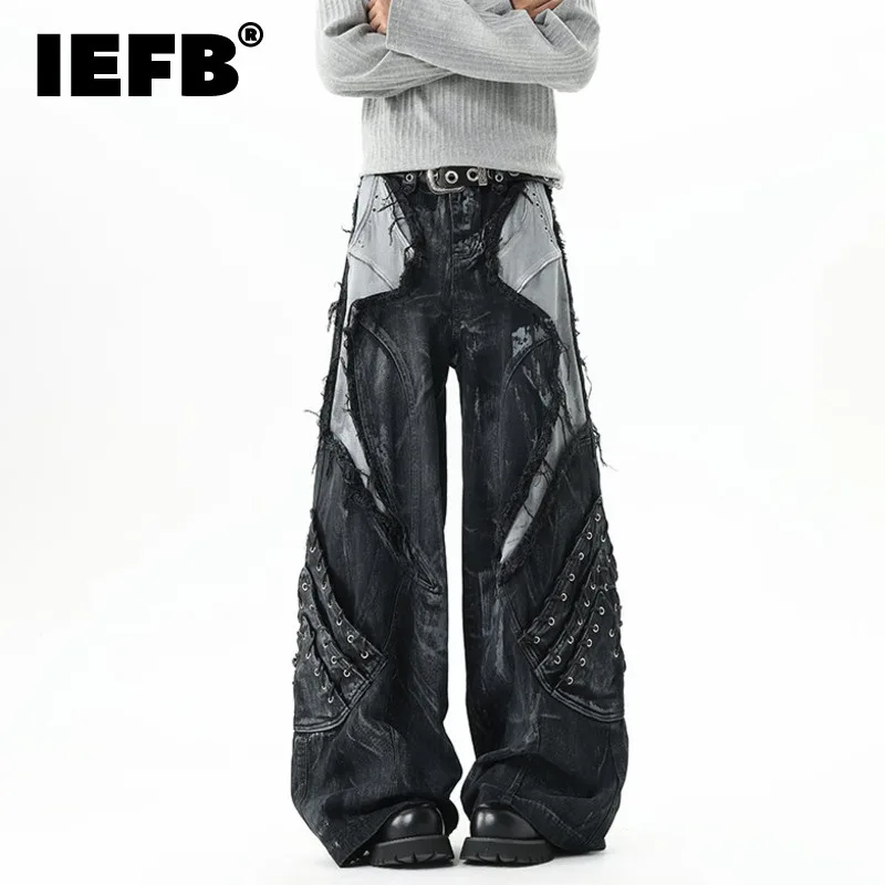 IEFB High Street Men's Denim Trousers Patchwork Contrast Color Drawstring Raw Edge Dirty-dying Worn-out Male Jeans New 9X1768