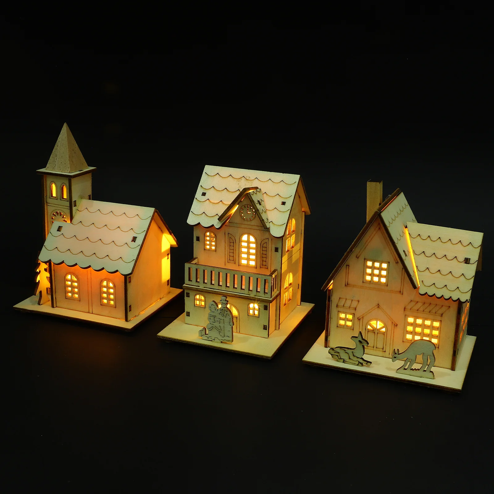 

3Pcs Christmas Wood House Decor Luminous Miniature Ornament Desktop Fireplace Decoration Xmas Glowing Adornment Festival Scene