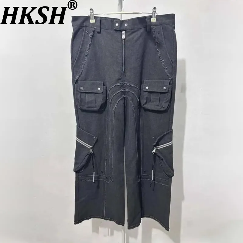

HKSH Spring Autumn New Men's Tide Dark Ins Punk Stacked Cargo Pants Three-Dimensional Cutting Pockets Canvas Frayed Edges HK2831