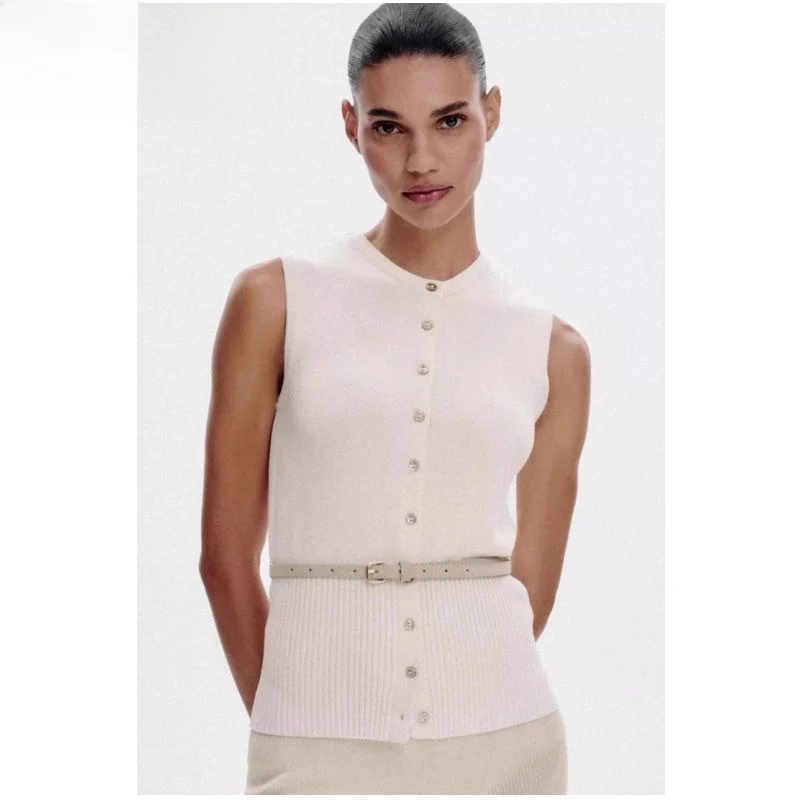 

2025 Autumn New Women's round Ne Svel Knitted Vest Belted Ribbed Top Faionable Commute Sle Color Other Mate...
