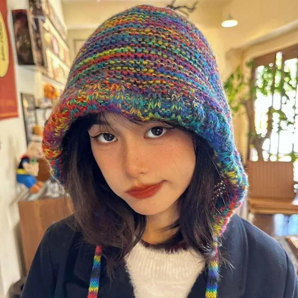Rainbow Striped Knitting Beanie Hat Gradient Wool Handmade Crochet Winter Bucket Hat Soft Fabric Thick Knit Stripe Beanie Hat