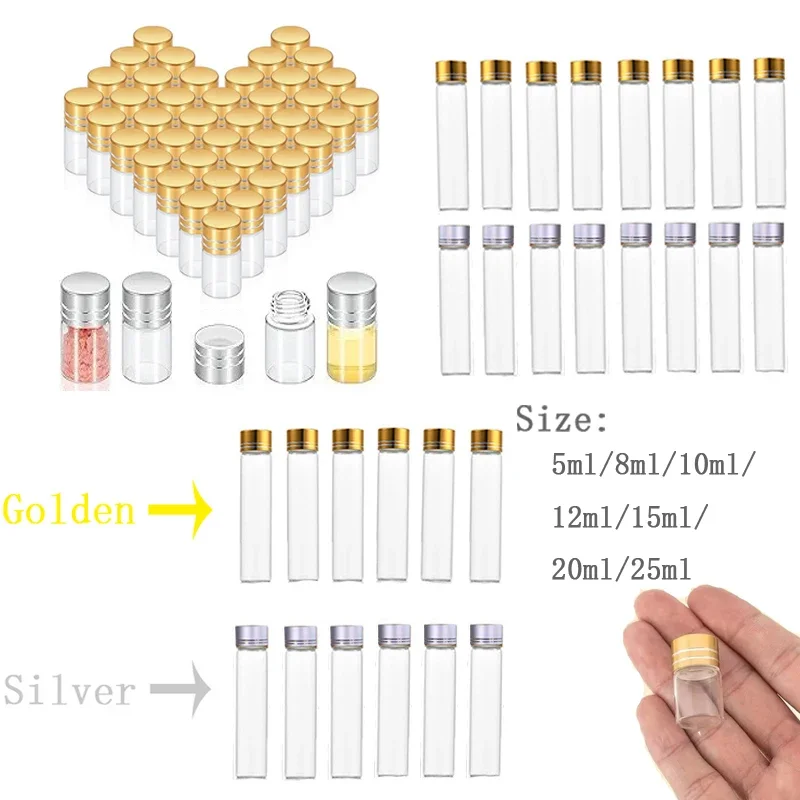 10Pcs 5ml-25ml Clear Glass Straight Bottle Aluminum Cap Mini Flat Bottom Test Tube Empty Refillable Storage Container For Candy