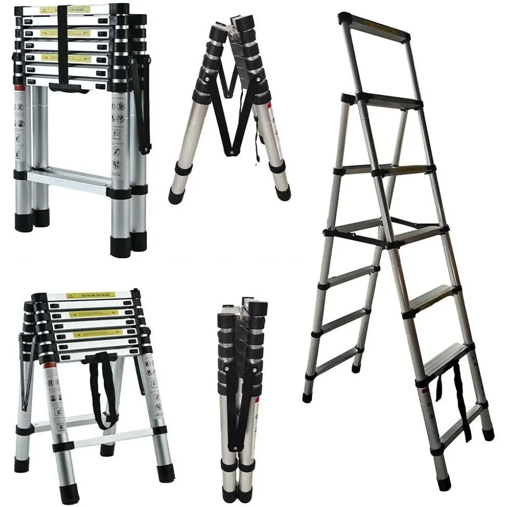 سلم متعرج خفيف الوزن بطول 5.34 قدم مع أقدام مطاطية وتمديد 5+6 خطوات لضبط الارتفاع #3