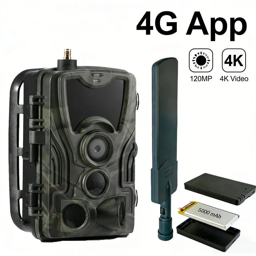4G 4K 120MP Live Video 5000mAh APP Caza Trail Camera Photo Camera Forest Hunting Cellular Mobile IP66 Wildlife Night Vision Cam