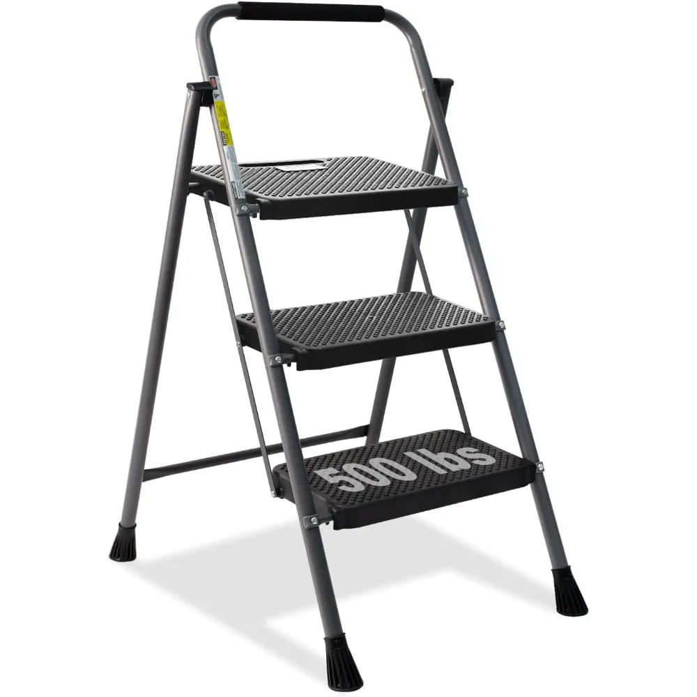 

3 Step Ladder, Folding Step Stool with Anti-Slip Wide Pedal & Convenient Handgrip, 500lbs Capacity Steel Ladder for Hous