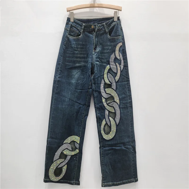 

Heavy Rhinestone High Waist Jeans | 2025 Fall Wide Leg Floor-Length Denim, Euro Chic Trousers