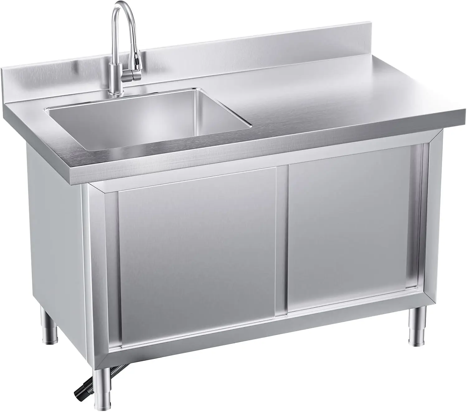 44''X23'' Stainless Steel Commercial Utility Sink with 2 Cabinet, Free Standing Single Bowl Kitchen Sink with Pull-out Faucet, H