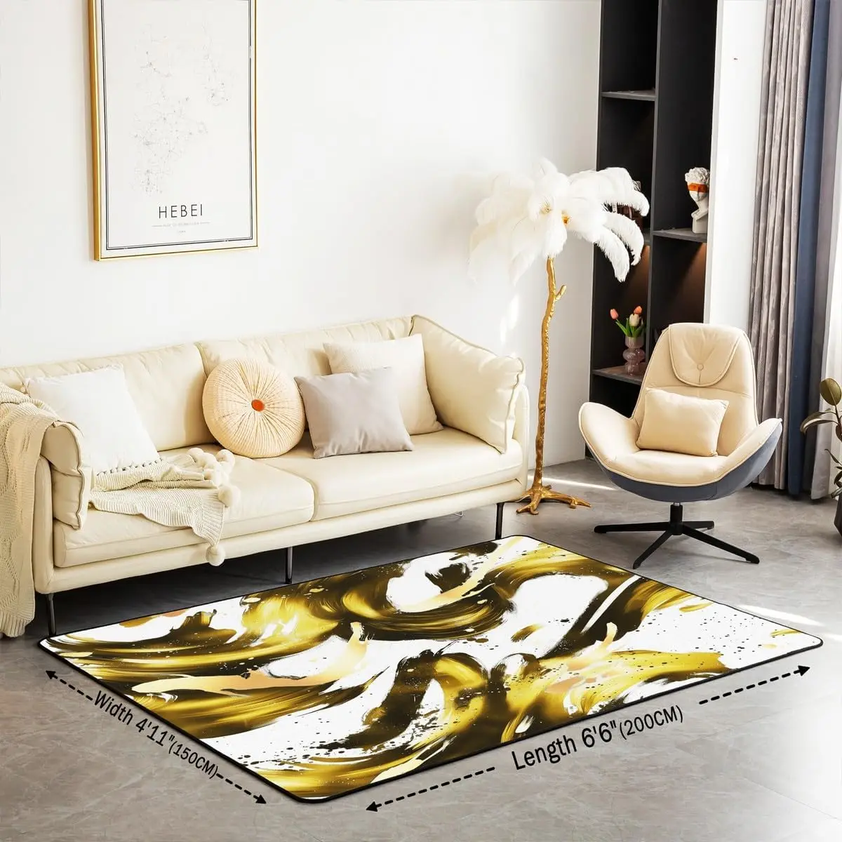 Yellow Gold Watercolor Area Rug ,Abstract Boho Modern Geometric Carpet,Art Minimalist Style Chic Indoor Floor Mat,Graffiti Line