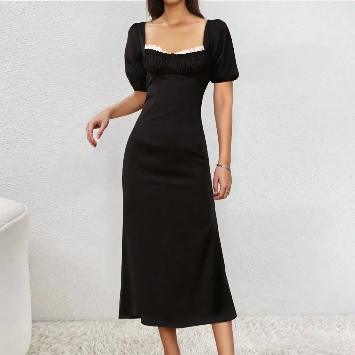 Ael vestido feminino primavera break elegante vestido de pescoço quadrado com babados em camadas alça de renda detalhe feminino linha a plissado para um