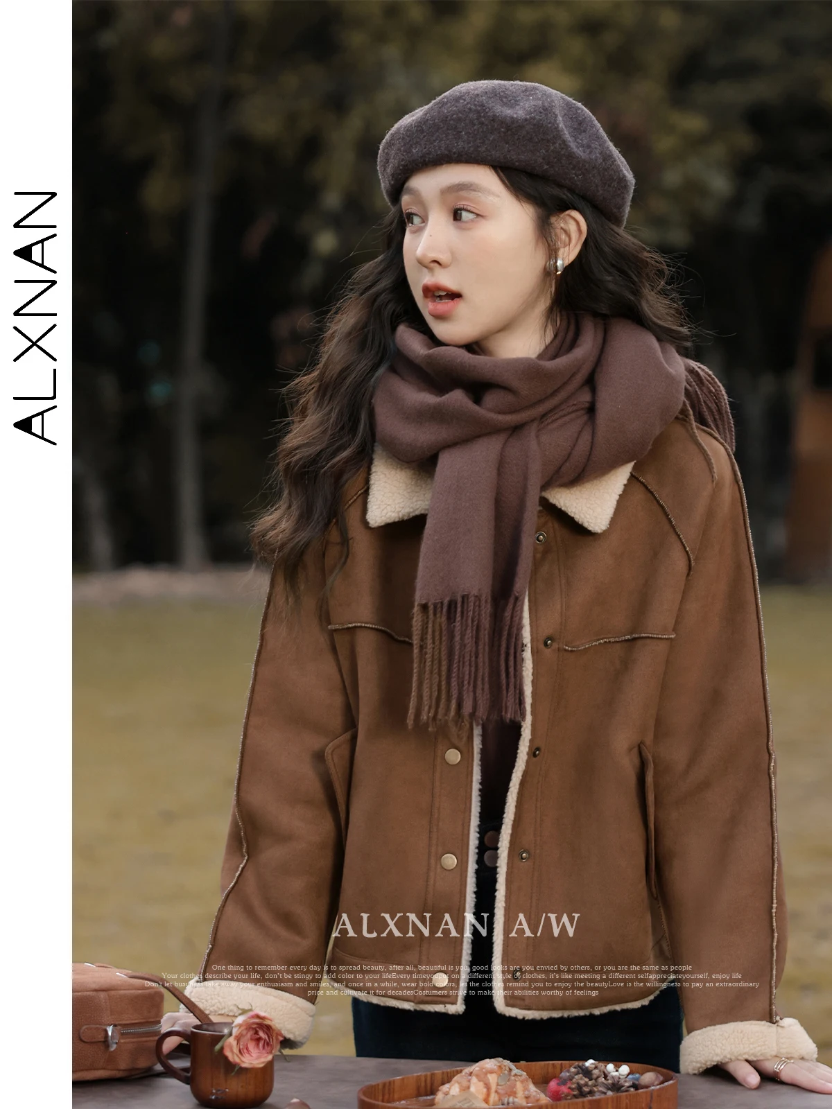 เสื้อแจ็คเก็ตสั้นผู้หญิง ALXNAN สีน้ำตาลอ่อน แต่งผ้าแบบ Patchwork ปกเสื้อแบบปกเชิ้ต ผ้าขนแกะทรงตรง เสื้อโค้ทฤดูใบไม้ร่วง ฤดูหนาว สไตล์วินเทจ รุ่น VL330203