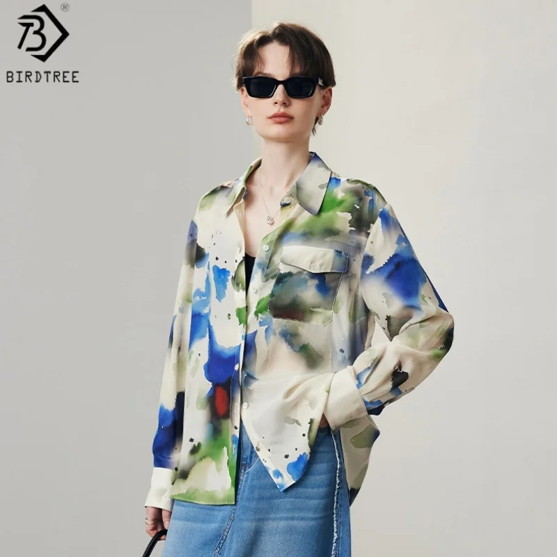

Блузка Birdtree из 100% натурального шелка с принтом, повседневный стиль, однобортная, женская, с длинным рукавом, с отложным воротником, 2026 Новинка, модель T61523JF