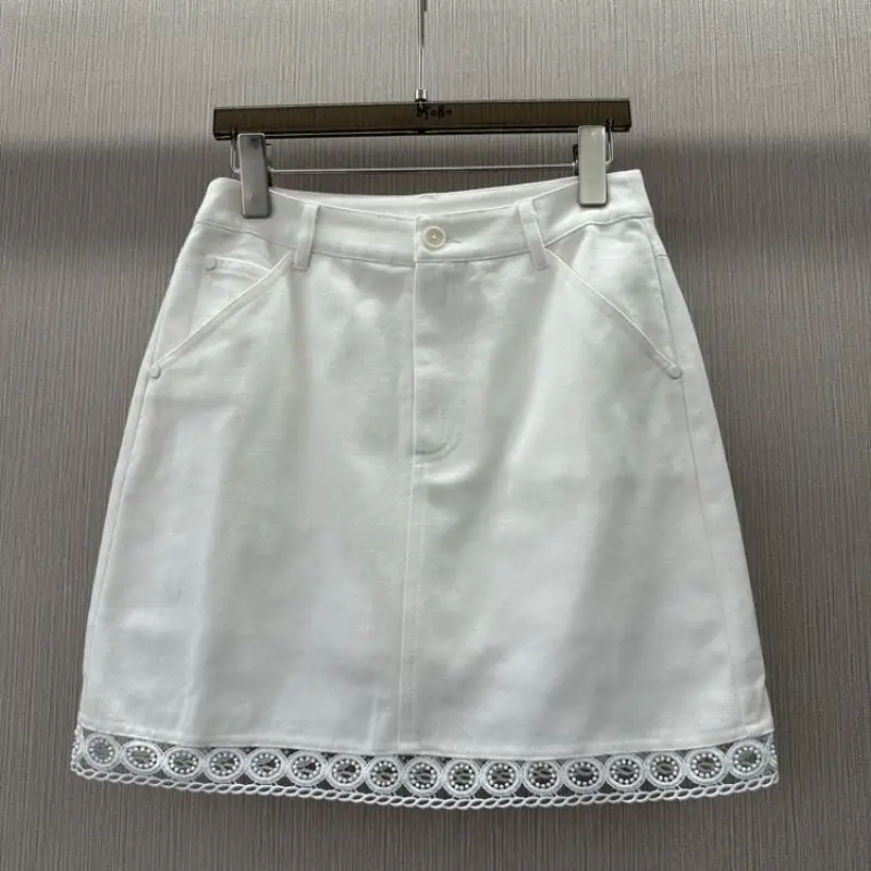 

Fashion 2025 Summer New Women's Fashion Hollow-out Embroidery All-match Denim A- Line Pants Skirt
