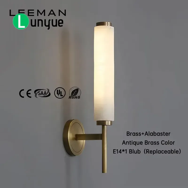 Modern Luxury Brass Alabaster Wall Lamp Slender Cylindrical Sconce for Villa Bedroom Bathroom Mirror Indoor Home Lighting