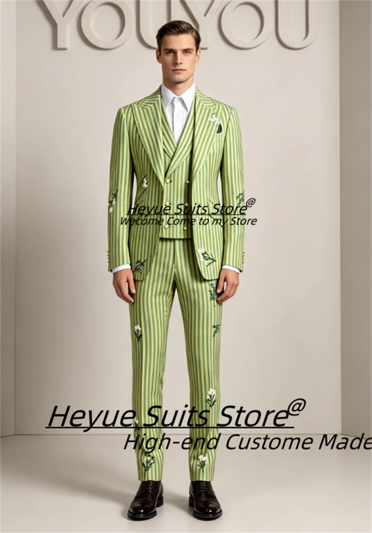 Customzied Green Stripe Suit Floral Embroidery Peak Lapel Men Suits Slim Peak Lapel Groom Wedding Tuxedos 3 Pcs Sets Ropa Hombre