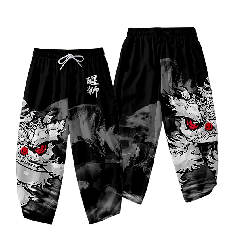 Japanese Thin Pants Women Men White Harem Pants Loose Elastic Waist Chinese Style Lion Dance Print Cosplay Trousers