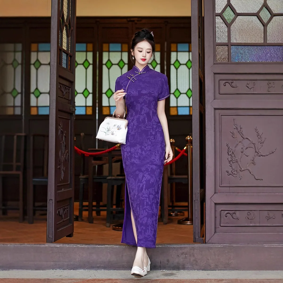 

Новое летнее приталенное длинное платье-ципао в китайском стиле, недорогая одежда для выступлений, с коротким рукавом