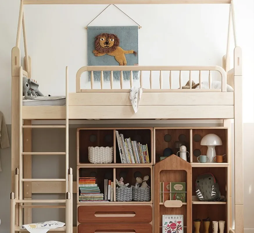 Half height bed upper and lower bunk beds tree house slide boys and girls medieval solid wood children's bed