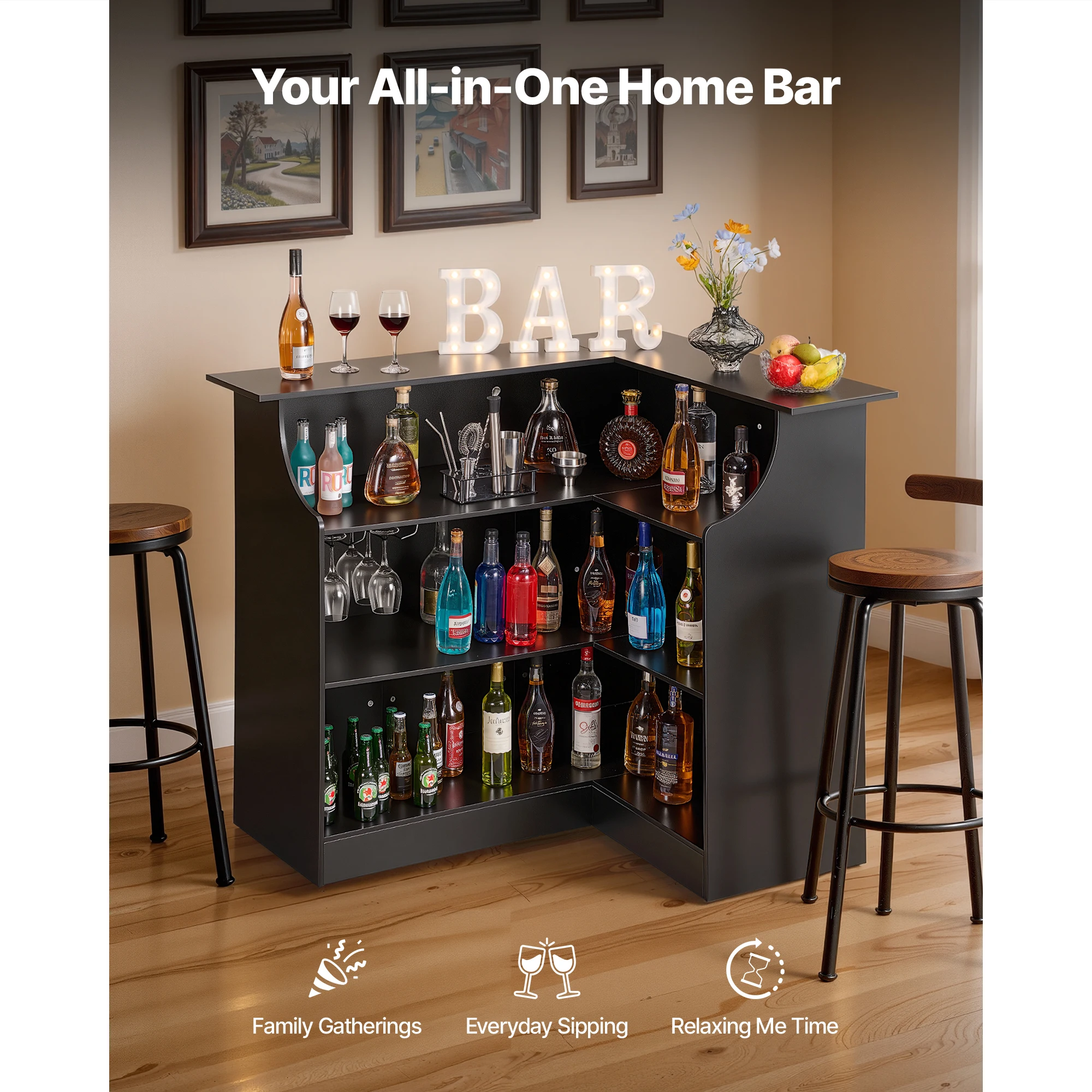 VEVOR 300 lbs Home Bar Unit L-Shaped Wine Bar Cabinet Table 4-Tier with Storage Shelves  for Home Kitchen Living Room Pub Black