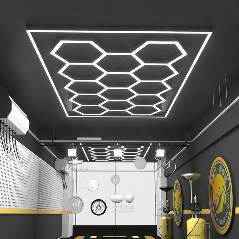 Lâmpada de teto hexagonal Honeycomb para carro e garagem, luz LED para detalhamento automático, iluminação para estação Wash Beauty, ZK20, 110V-240V
