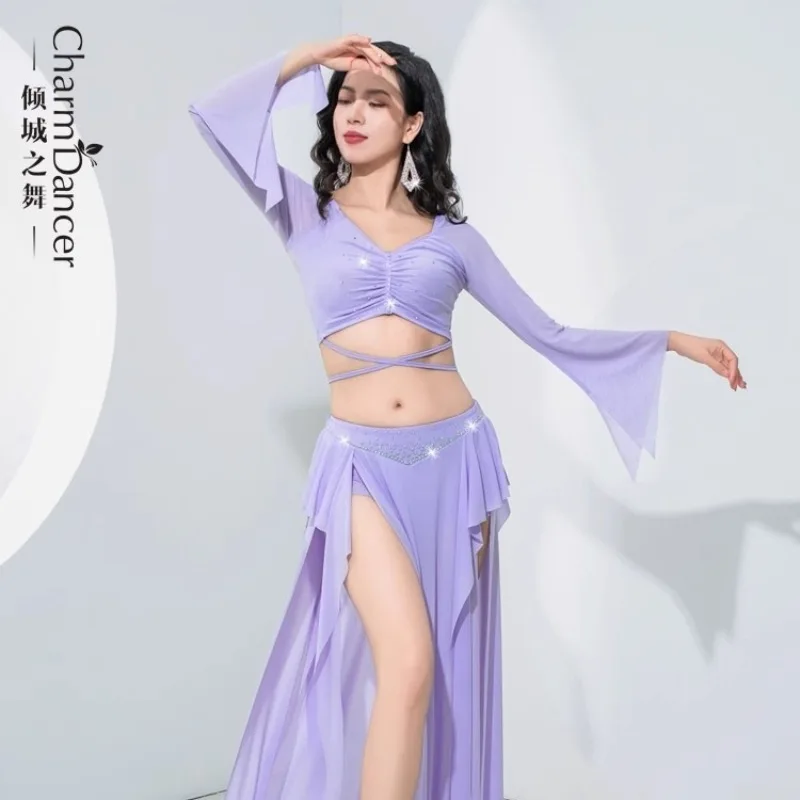 Belly Dance Practice Clothes Women Oriental Dancer Stage Performance Wear Blue Green Purple Top Long Skirt Set Chiffon Outfit