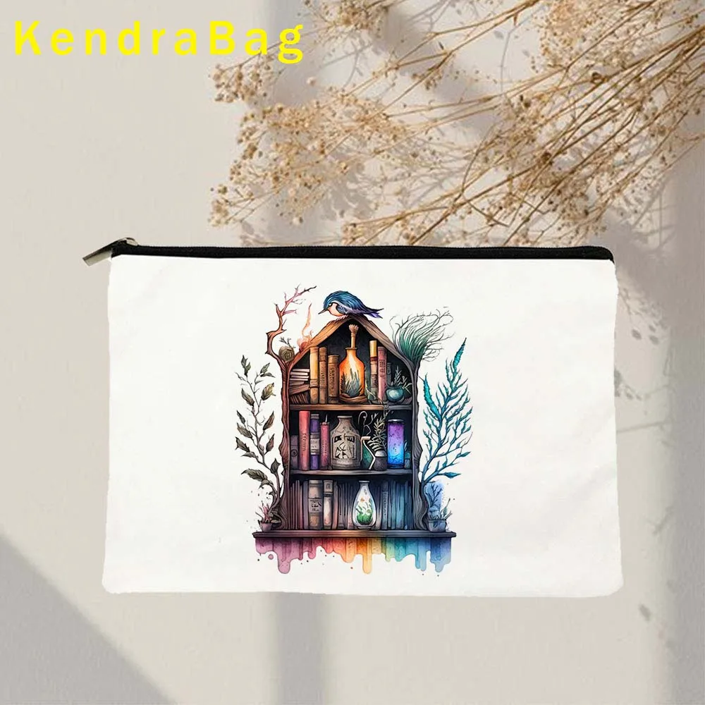 Magical Bohe Witchy Apothecary Graffiti Books Floral Bookshelf Canvas Storage Cosmetic Bags Makeup Bag Pencil Case Zipper Pouch