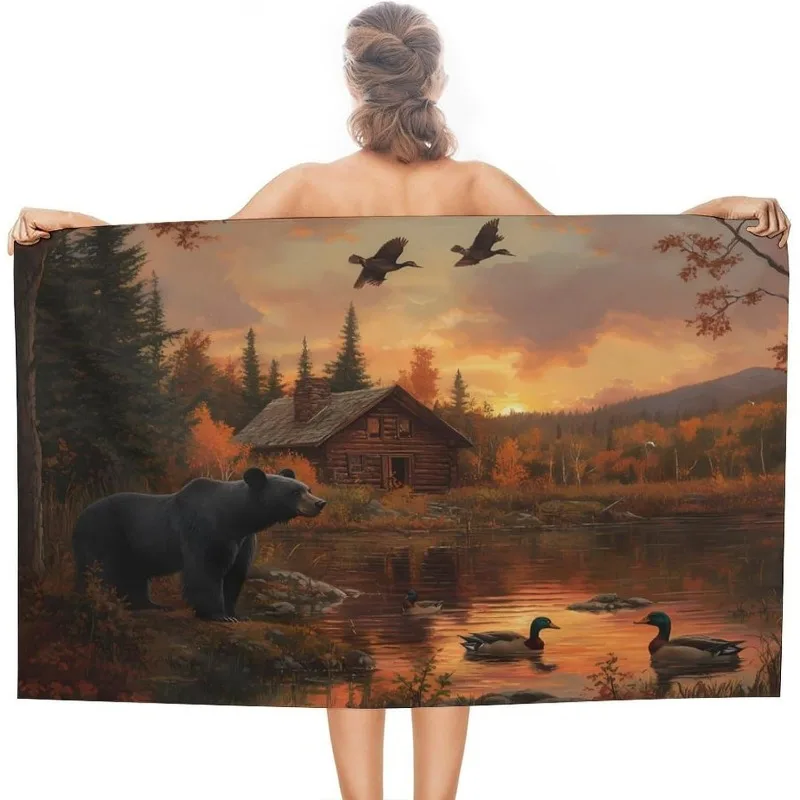Autumn Forest Cabin Black Bear Duck Sunset Landscape Microfiber Beach Towel, Quick Dry Wildlife Towel for Outdoor Camping Beach