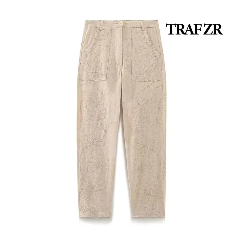 TRAF ZR Beige Pants Summer Pants Woman 2024 Korean Popular Y2k Embroidery Trousers Minimalist New in Trousers and Pants