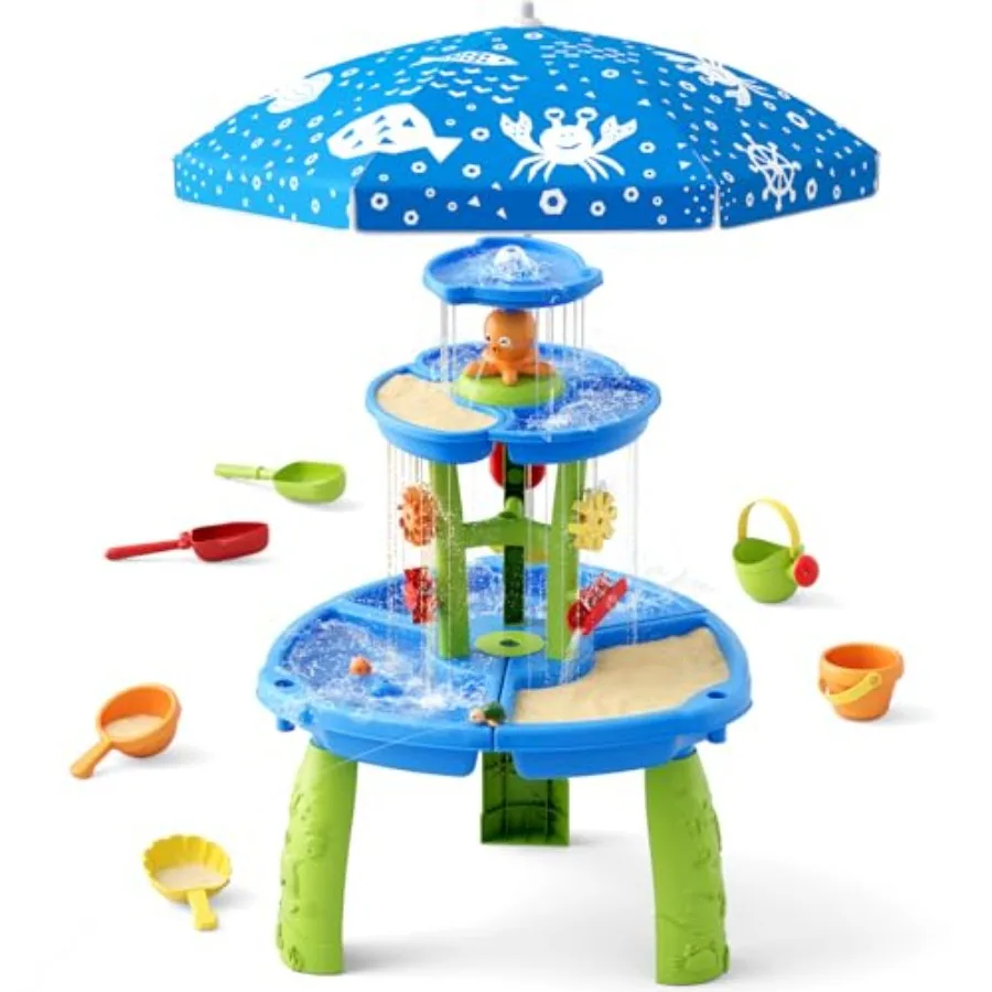 

Water Table for Toddlers 3-5, 3-Tier 6 Zones Water Sand Table with Umbrella, Rain Showers Splash Pond Toys for Outdoor Beach Ba