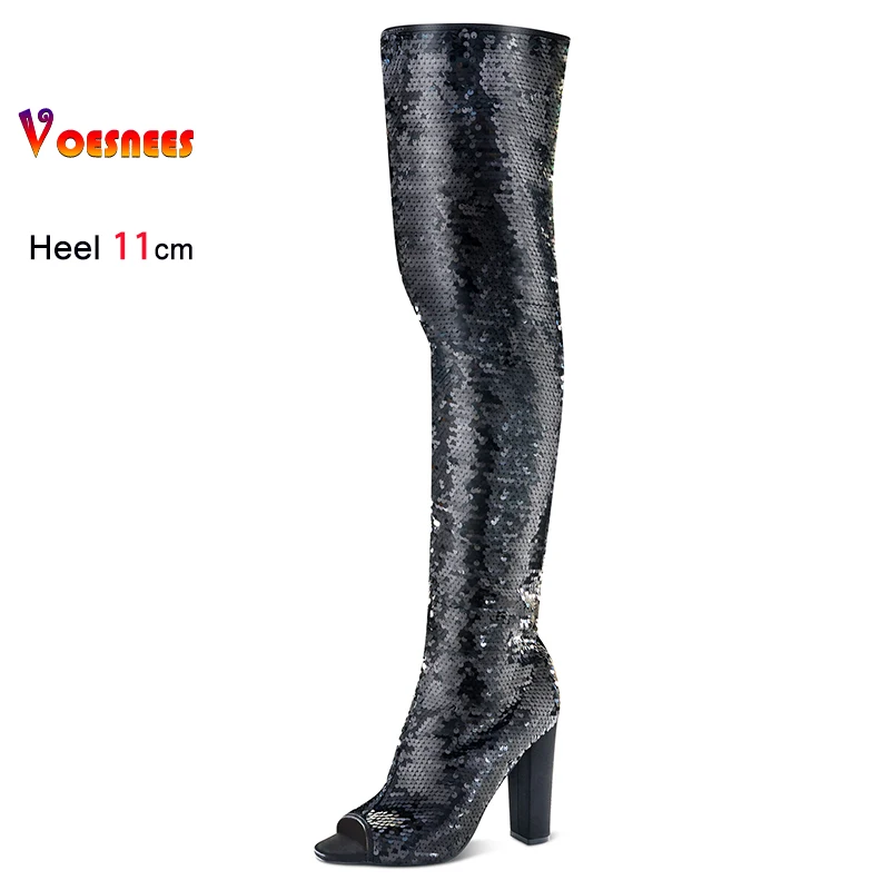 Voesnees Größe 36-43 Damen Peep Toe Stiefel Europa und Amerika T Show Model Oberschenkelhohe Schuhe Overknee 11CM High Heels Pailletten Lange Stiefel 3