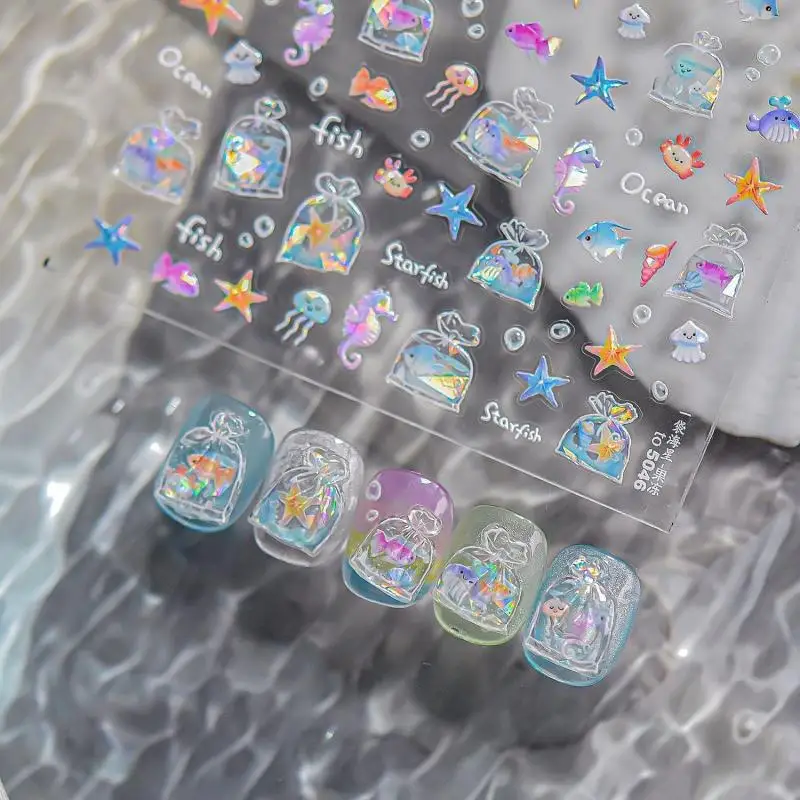 لطيف حقيبة من ذهبية مسمار سحر ملصقات 3D هلام المحيط الأسماك فقاعة لاصق مسمار ملصق DIY الصيف مسمار الفن زينة #1