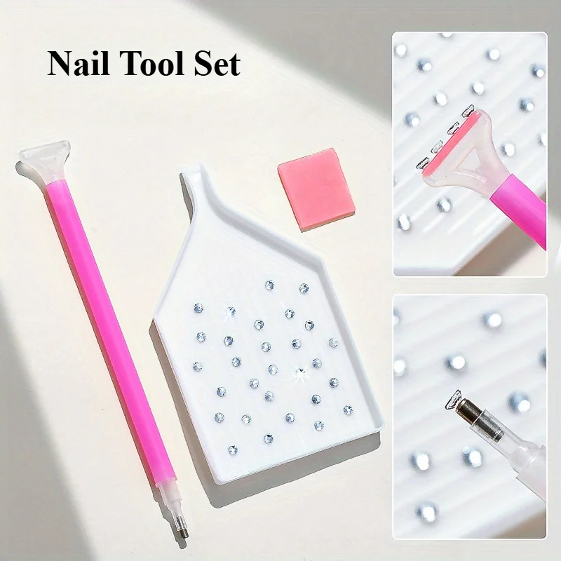 3Pcs Nail Art Rhinestones Pickers, Dotting Pen with Storage Tray Glue Clay for Diamonds Fashion Stones Picking Tools Set