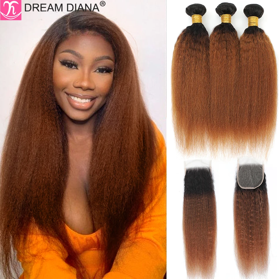 100% Virgin Human Hair Kinky Straight Bundles With Closure 1B Brown Afro Ombre Yaki Straight Hair With 4x4 HD Free Part Closure