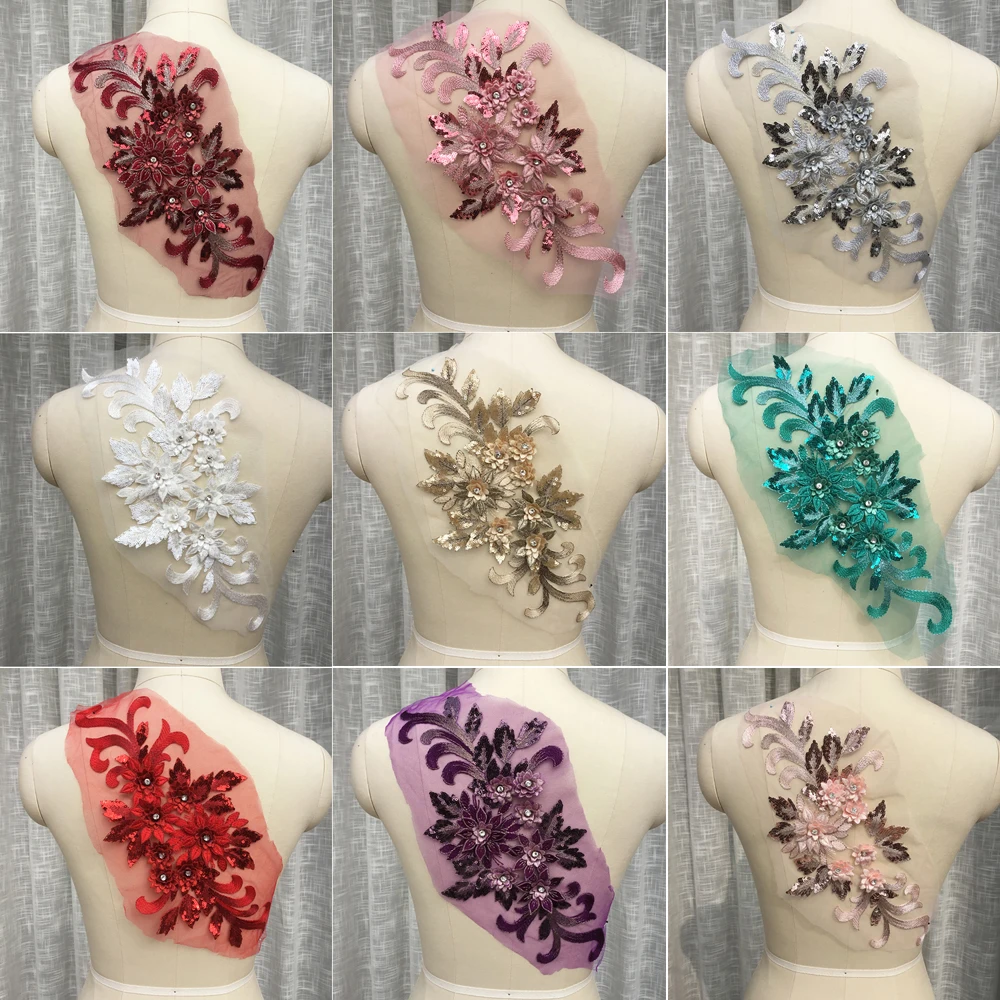 1Pc Flower Patches Beaded Appliqued DIY Craft Sewing Sew-On Wedding Dress Decoration 40*17CM