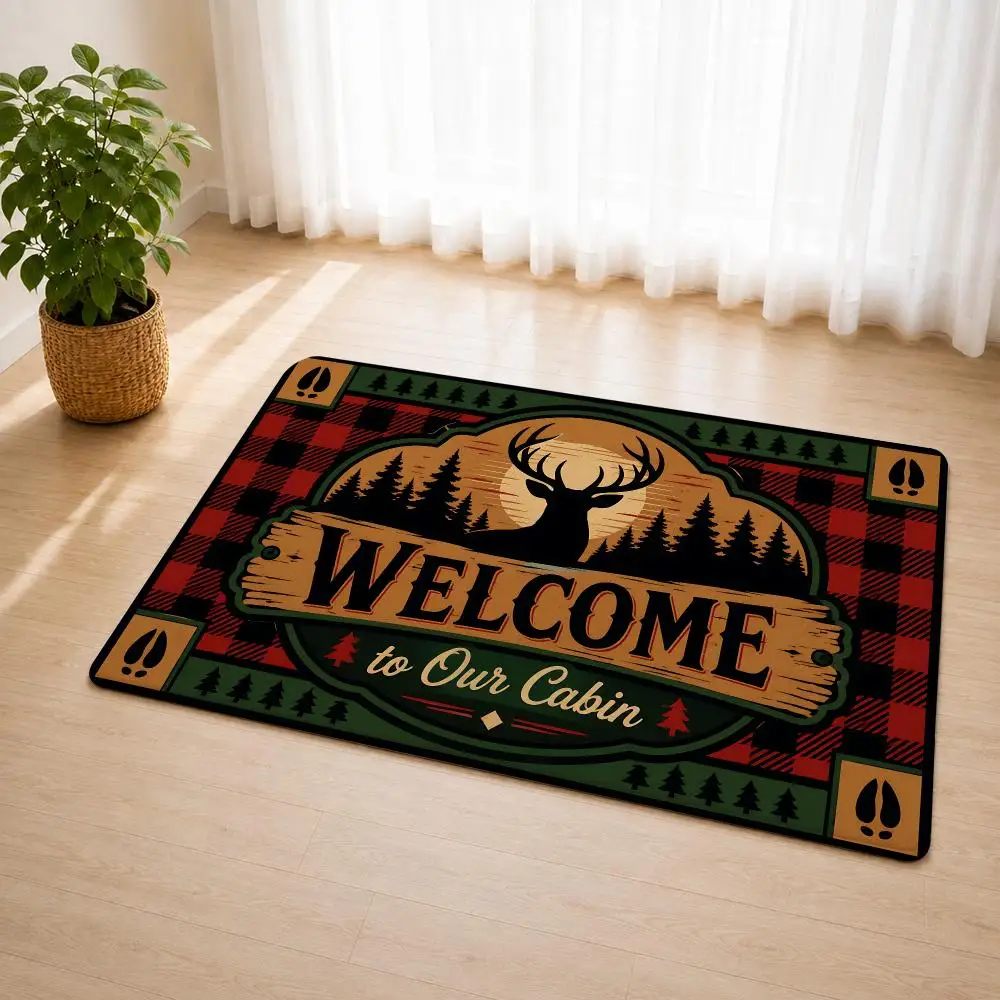 Retro Hunting Welcome Deer Floor Mat Flannel Rug Soft Non Slip Door Mat For Bathroom Bedroom Kitchen Living Room Home Decor