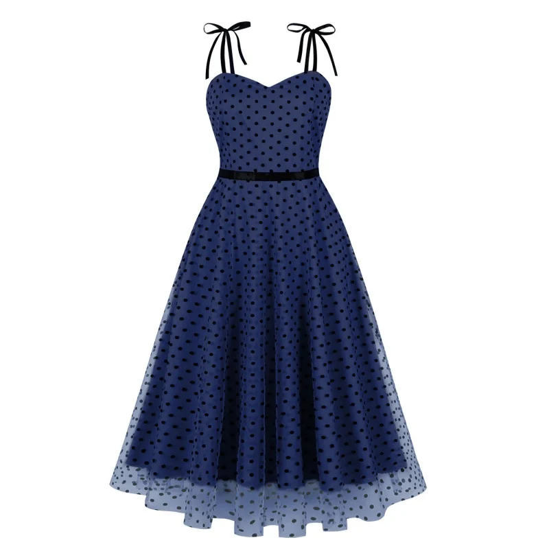 Damen Schnür riemen Polka Dot Temperament hohe Taille abnehmen Eleganz Retro Swing langes Kleid