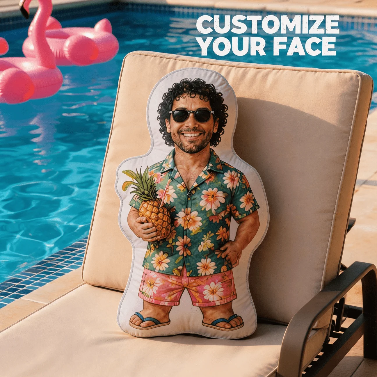 Custom Photo Shaped Pillow, Funny for Man in Floral Shirt Holding Pineapple Decorative Cushion, Unique Personalized Souvenir for