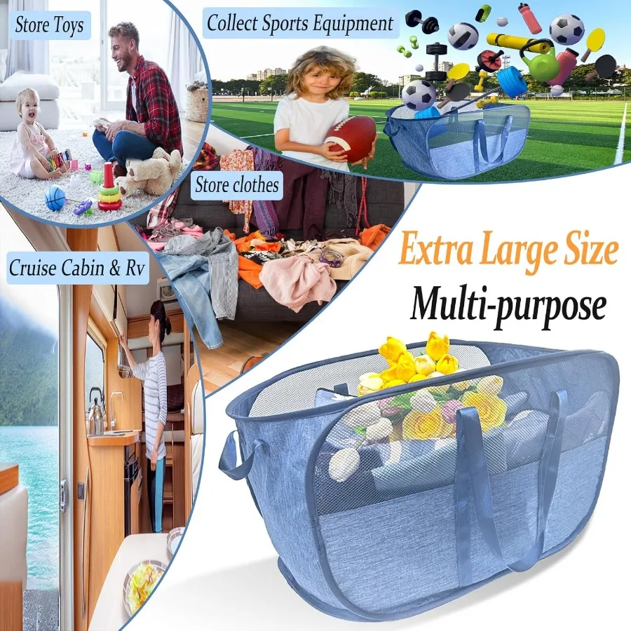 Extra großer Pop-Up-Wäschekorb aus Netzstoff, 100 l, zusammenklappbarer Wäschekorb mit verstärkten Griffen für tragbare Aufbewahrung im Wohnheim oder