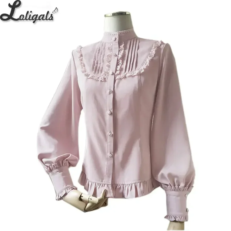 Camicetta Lolita da donna dolce camicia abbottonata con maniche lunghe a lanterna Vintage rosa arruffata