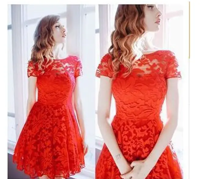 2024 New Fashion Sexy Slim Fit Knee-length Round Neck Short-sleeved Lace Solid Color Dress Prom Dress